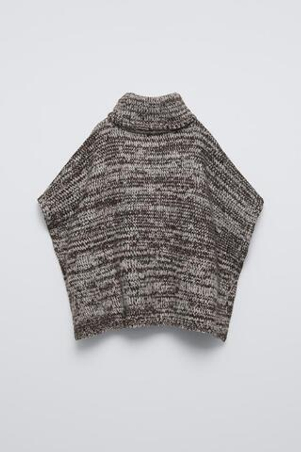 ZARA ТРИКОТАЖНОЕ ПОНЧО С МЕЛАНЖЕВЫМ УЗОРОМ, КОРИЧНЕВЫЙ С МЕЛАНЖЕВЫМ ЭФФЕКТОМ