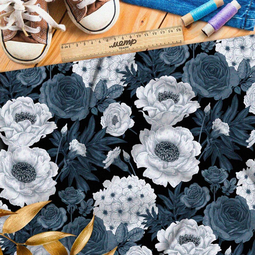 Ткань шифон густые ненасыщенные цветы на чёрном фоне