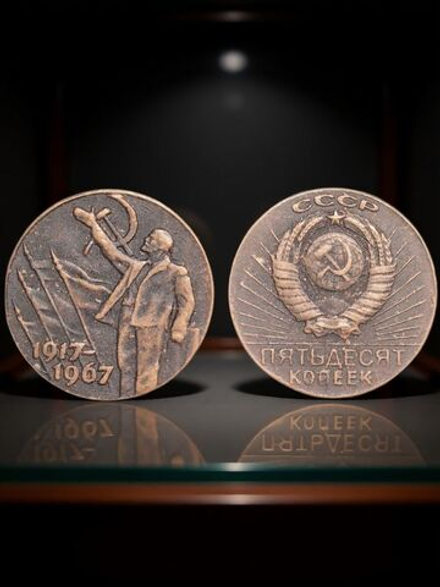 50 копеек 1967 года СССР. Ленин. Знамя. Знамёна. 50 лет Советской власти. 1917. Пробная Копия медь патина