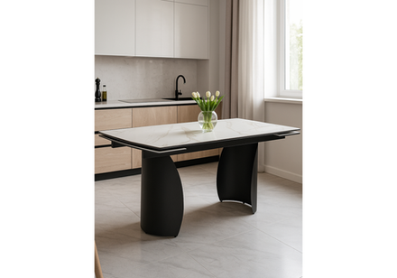 Керамический стол Woodville Готланд 180(240)х90х79 белый мрамор , черный, ножки черные