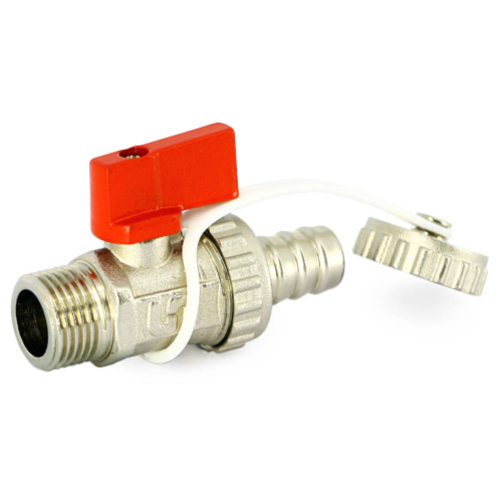 Кран Uni-Fitt шаровой НН 1/2"x3/4" сливной со штуцером, заглушка, флажок красный металл, никель