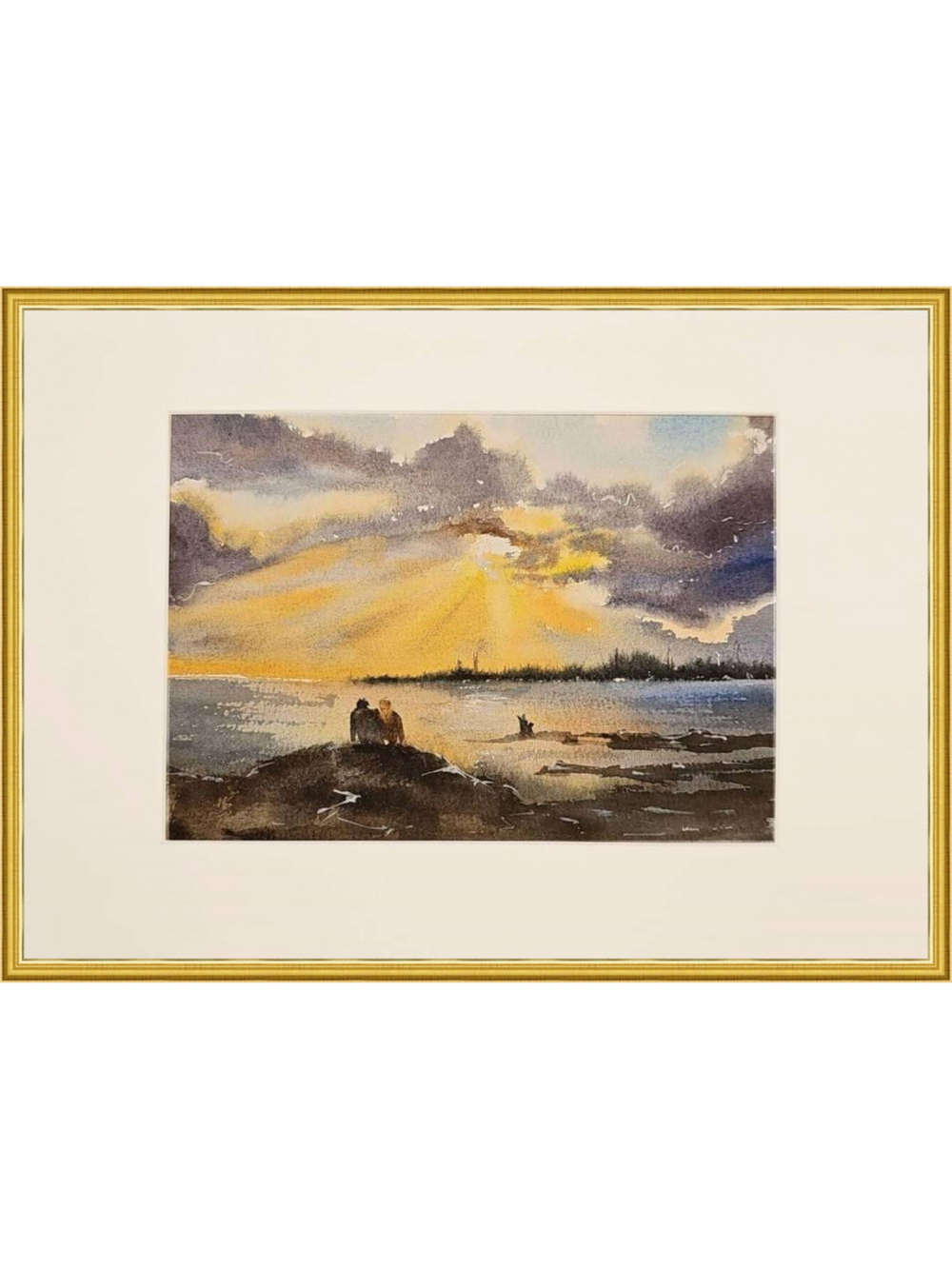 Картина авторская акварельная в паспарту 21*30 см на стену для интерьера "Он, она и собака"