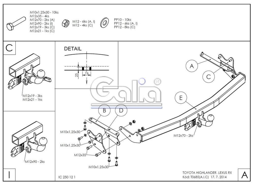 Фаркоп оцинкованный Galia T068A для Toyota Highlander 2010-2014(паспорт и сертификат в комплекте)(без электрики)