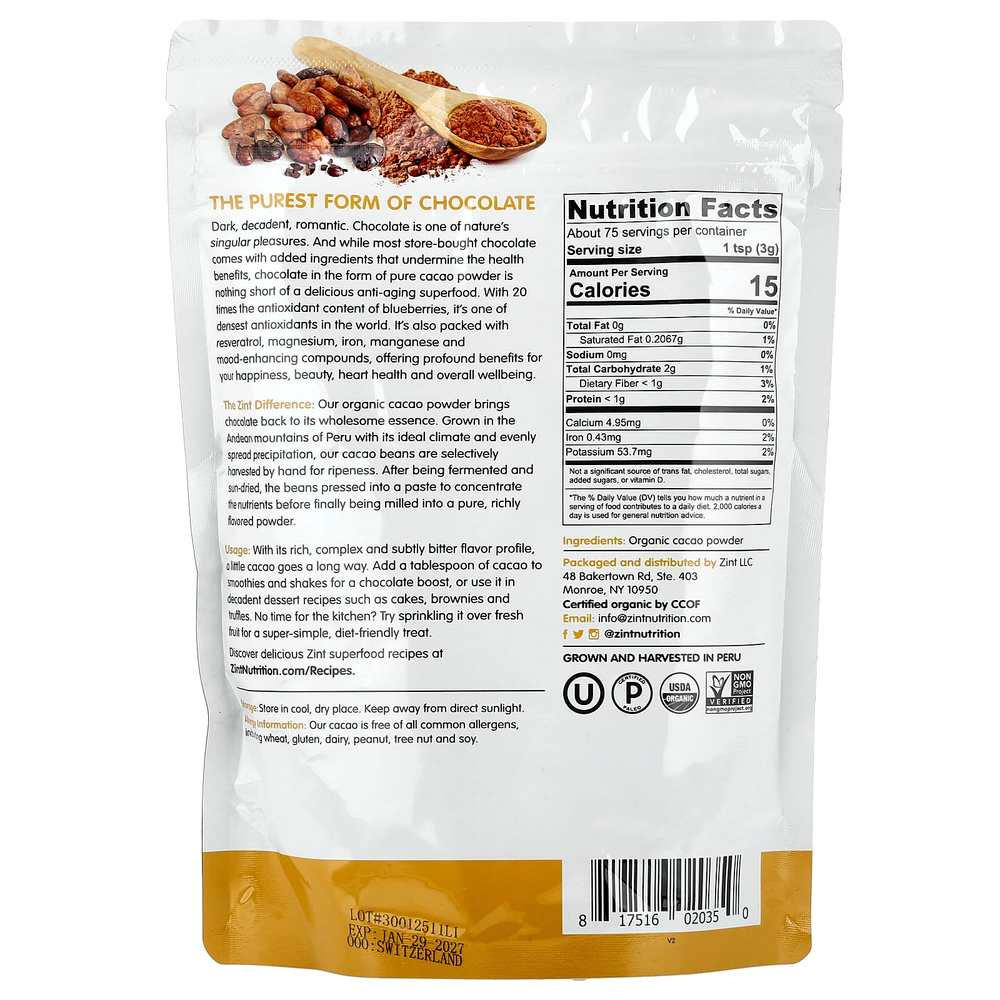 Zint, чистый органический порошок из какао, 227 г (8 унций)