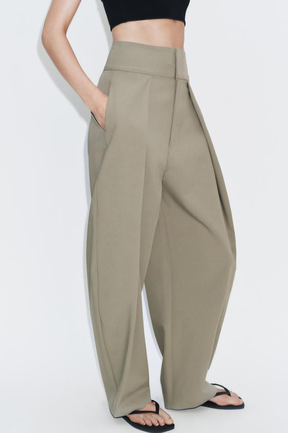ZARA БРЮКИ BALLOON С ЗАЩИПАМИ, МЯГКИЙ ЗЕЛЕНЫЙ