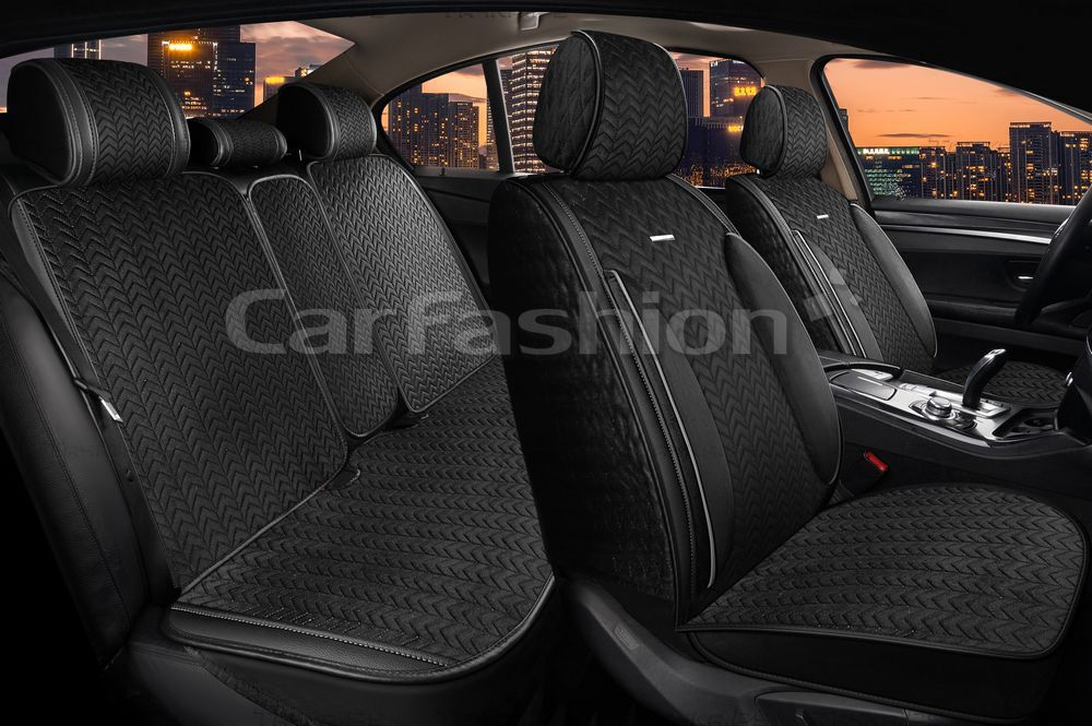 Накидки сидений ПОЛНЫЙ CarFashion (кт) -«SHEVRON PLUS» 22753 -Велюр черный/черный/серый/серый