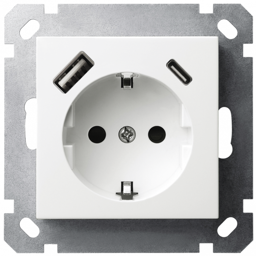 Розетка SCHUKO© с USB A+C с защитными шторками 16A 250V~ 2P+T USB 25W, цвет белый глянцевый