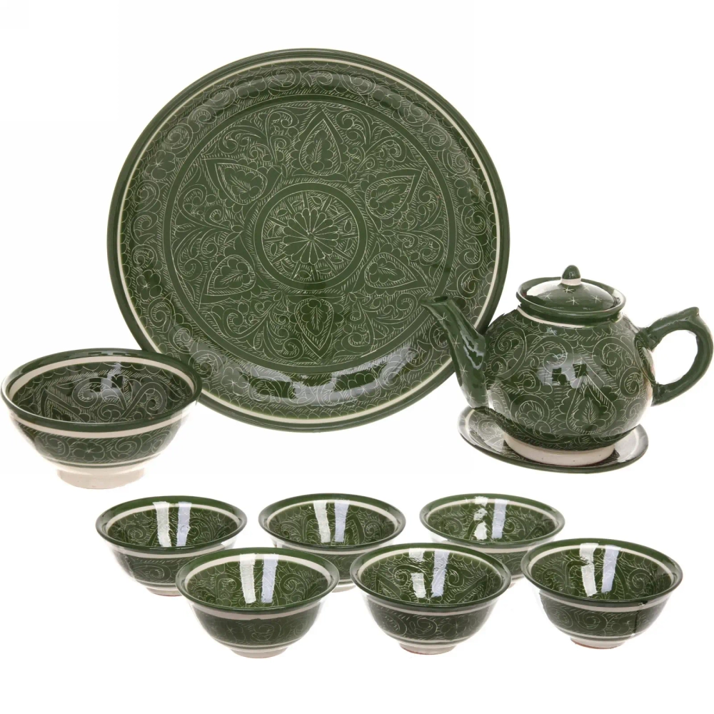Чайный набор 9 предметов Зеленый (блюдо, чайник, пиала 6шт) Риштанская керамика