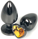 Черная анальная пробка с оранжевым стразом-сердечком - 6,5 см. (Цвет: оранжевый)