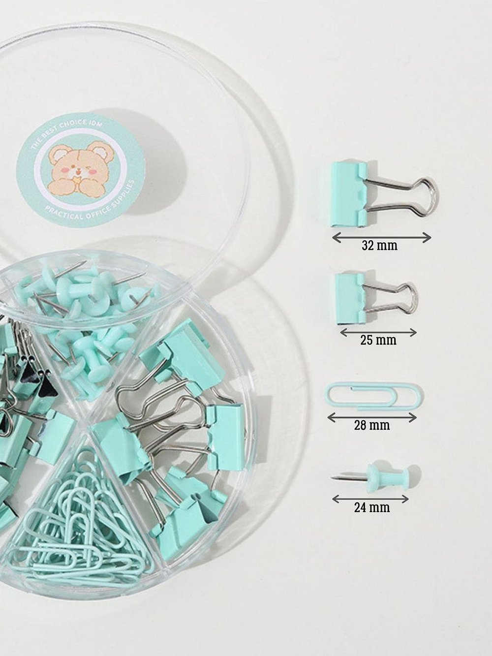 Набор канцелярский бирюзовый из 4-х предметов - скрепки, зажимы 2 вида, кнопки (К0011-027)