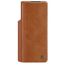 Кожаный чехол коричневого цвета от Nillkin для Samsung Galaxy Z Fold 4 5G, с держателем для S Pen, серия Qin Pro Leather с защитной шторкой для камеры