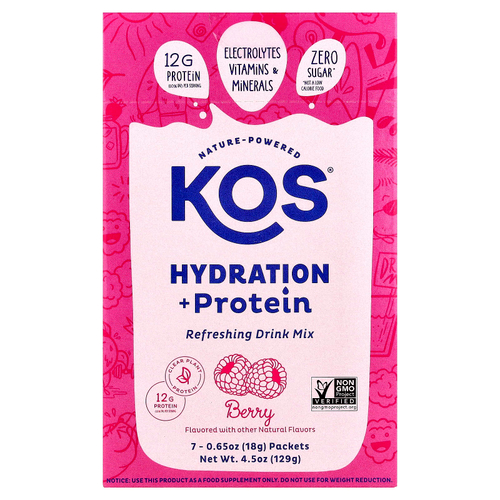 KOS, Hydration + Protein, освежающая смесь для напитков, ягоды, 7 пакетиков по 18 г (0,65 унции)