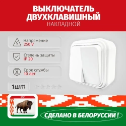 выключатель двухклавишный накладной, Белорусский двойной наружный, белый
