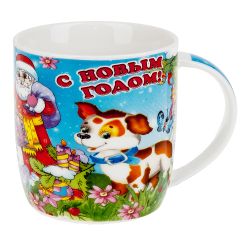 Кружка керамическая "Собачки с Дедом Морозом" 380мл. (4вида) (min12) (подарочная упаковка)