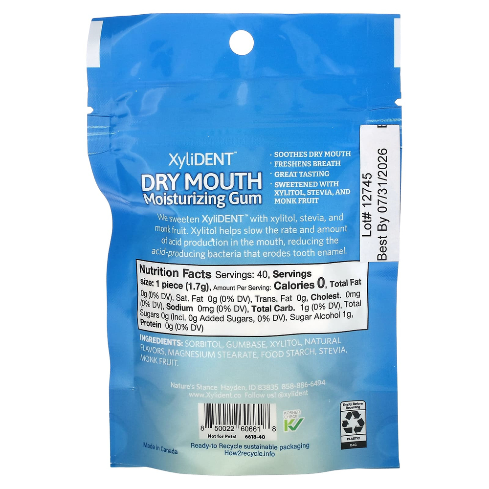 XyliDENT, увлажняющая жевательная резинка против сухости во рту с ксилитолом, свежая мята, 40 шт., 68 г (2,39 унции)