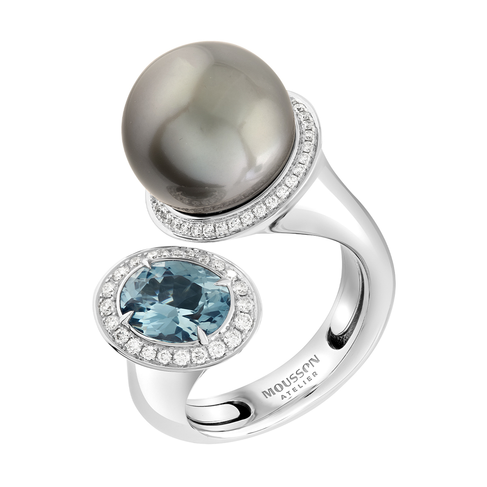 Кольцо с Чёрным Жемчугом, Шпинелью и Бриллиантами, R0259-52/1