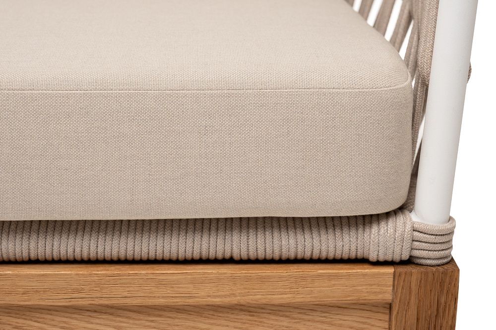 "Диего" диван 2-местный плетеный из роупа, основание дуб, каркас алюминий светло-серый (RAL7035) шагрень, роуп бежевый круглый, ткань бежевая 15052