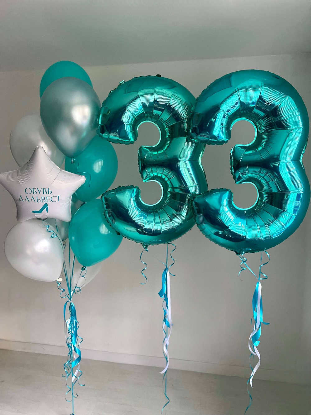 Воздушные шары на день рождение компании организации белый/бирюза №3932