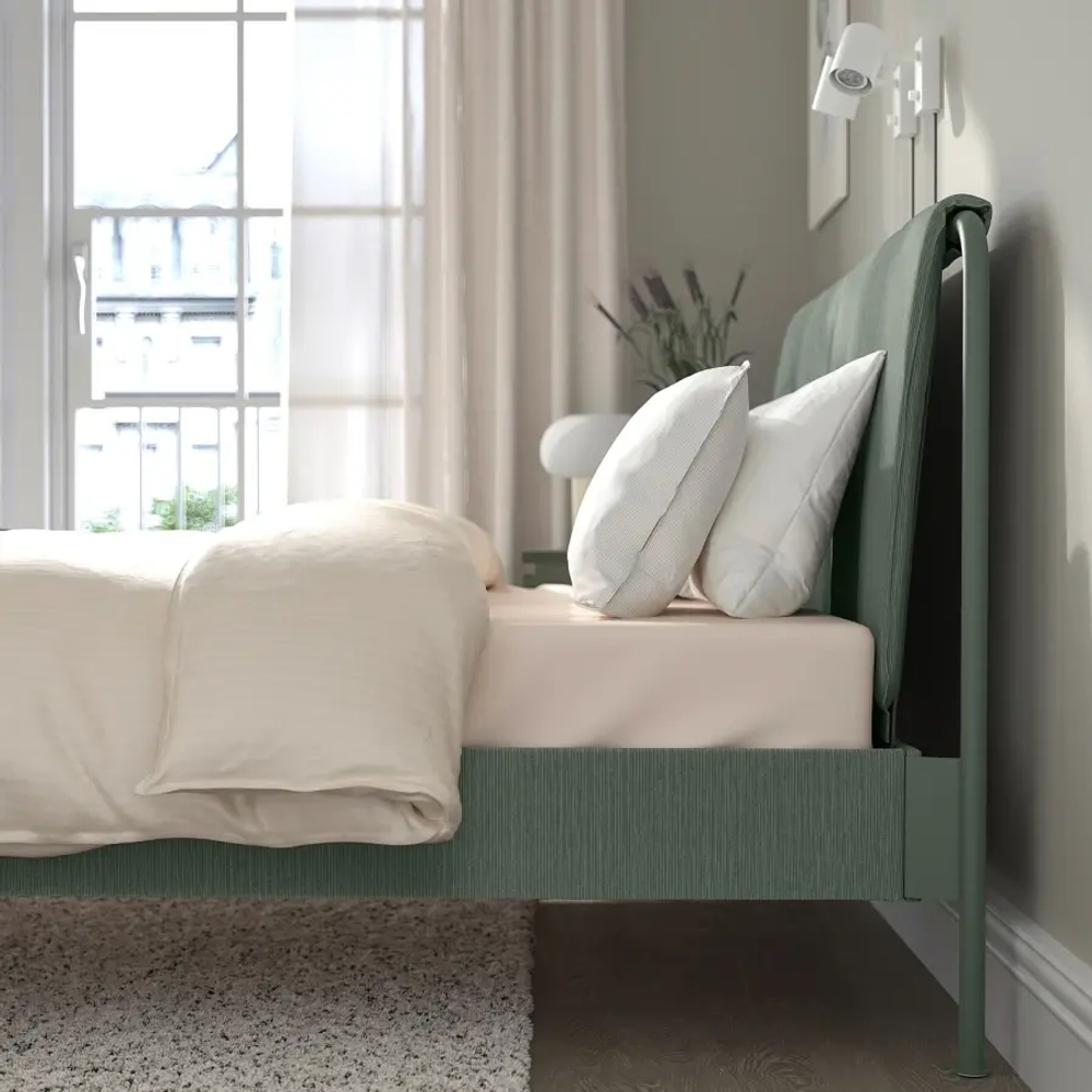 Каркас кровати мягкий с матрасом - IKEA TÄLLÅSEN/TALLASEN, 200х160 см, матрас жесткий, серо-зеленый, ТЭЛЛАСОН ИКЕА