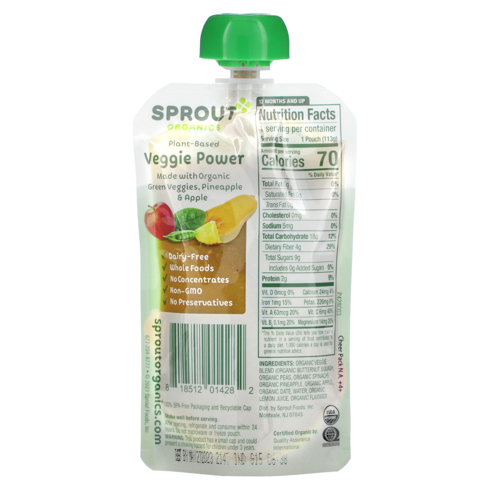 Sprout Organics, Детское питание, Veggie Power, от 12 месяцев, зеленые овощи, ананас и яблоко, 113 г (4 унции)
