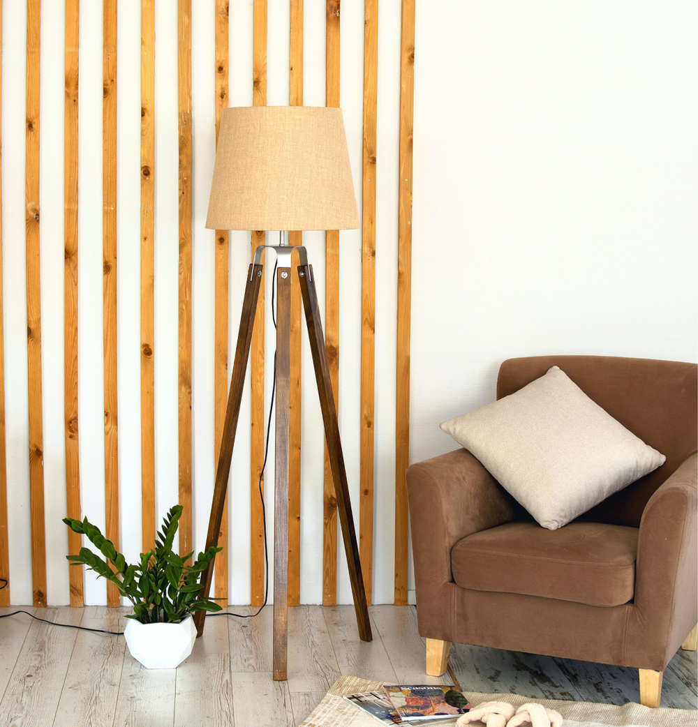 Торшер напольный коричневый с горчичным абажуром в стиле лофт, светильник напольный классический, Фьорд, E27, 60 Вт