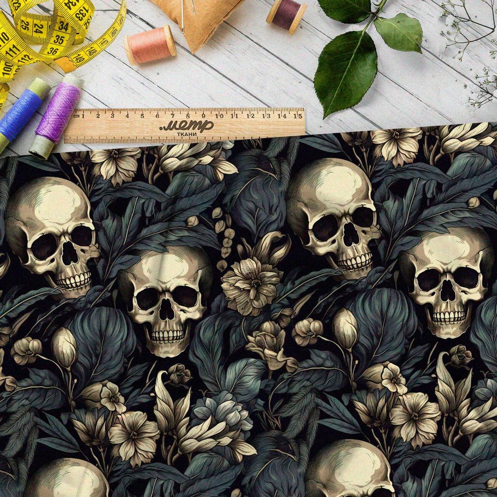Ткань премиум сатин черепа в ночных цветах