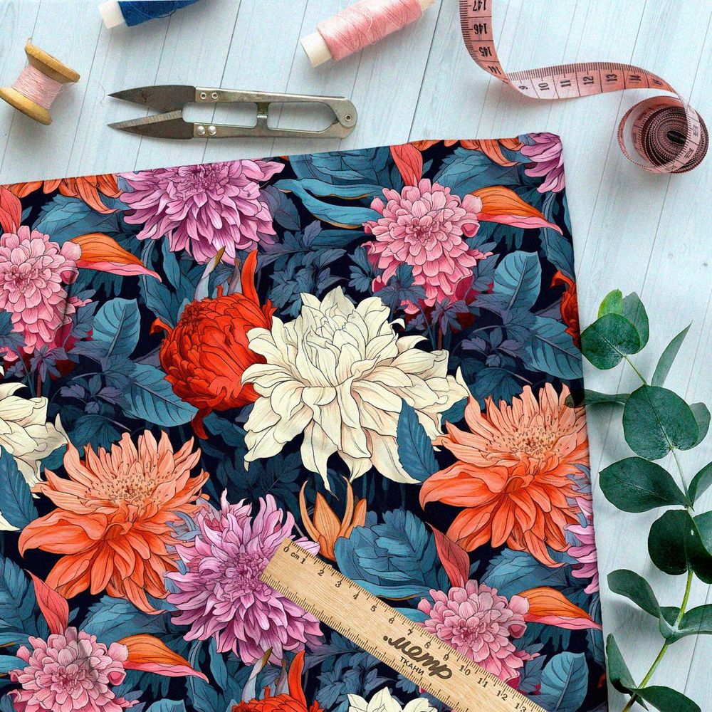 Ткань премиум атлас ночные хризантемы