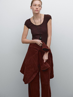 Massimo Dutti Футболка из хлопка с отделкой кружевом, коричневый