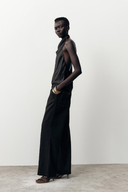 ZARA ПРЯМЫЕ БРЮКИ С КОНТРАСТНОЙ ОТСТРОЧКОЙ, ЧЕРНЫЙ