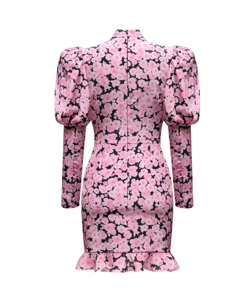 Giannetta mini, платье мини черное из крепдешина со средними розовыми цветами