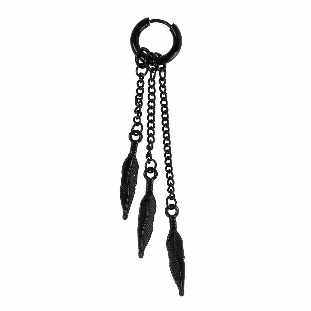 Серьга-кликер черная с тремя перьями подвешенных на цепочках
