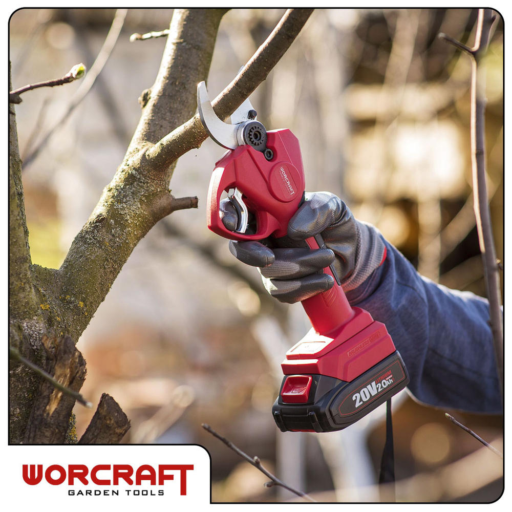 WORCRAFT Секатор аккумуляторный садовый с бесщеточным двигателем, мощностью 20V и диаметром 30мм.