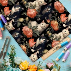 Ткань премиум шифон котята в розах