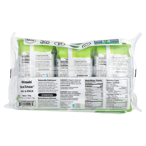 SeaSnax, органические морские водоросли, васаби, 6 пакетиков по 5 г (0,18 унции)