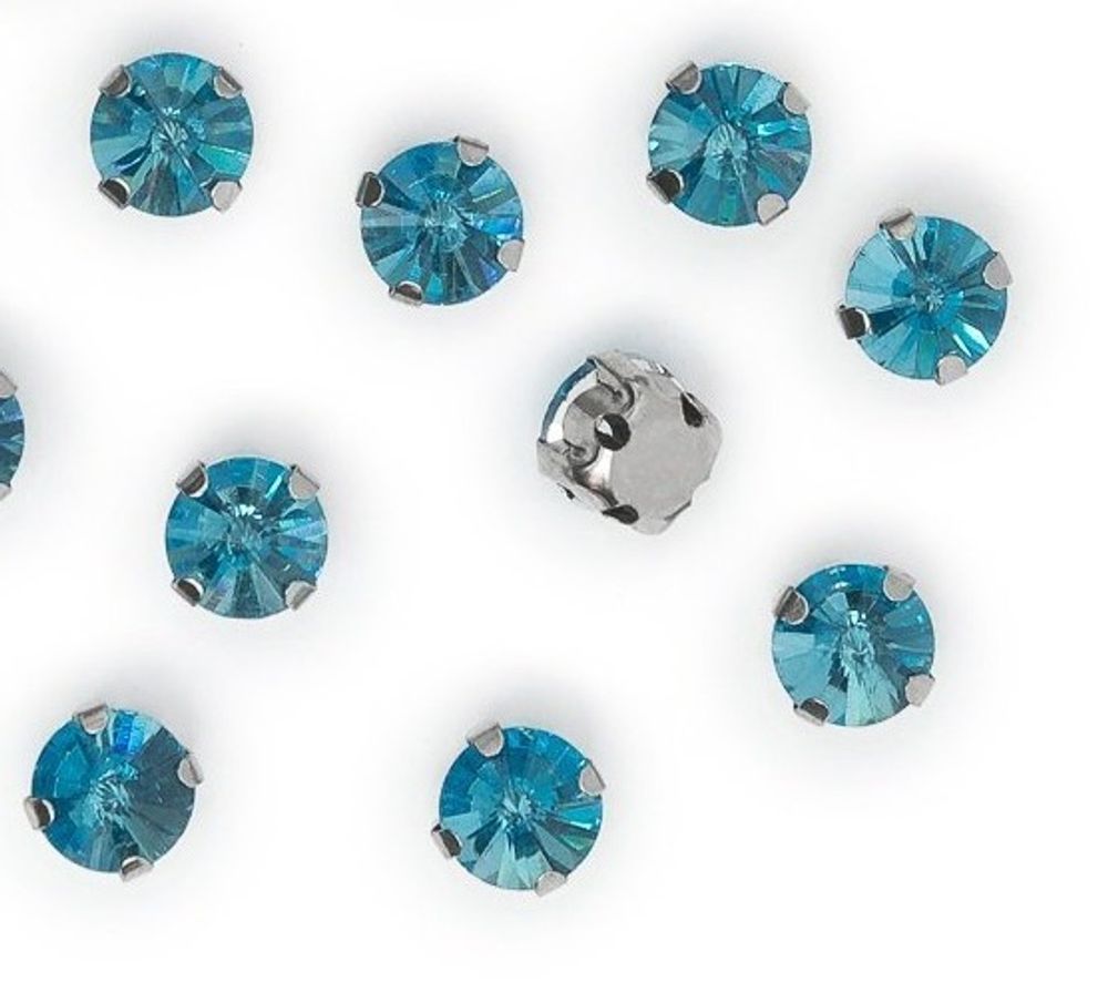 Стразы пришивные стекло в оправе, d 6 мм, голубой