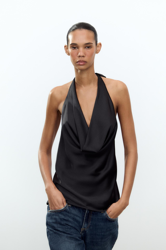ZARA АТЛАСНЫЙ ТОП С ГОРЛОВИНОЙ ХАЛТЕР, ЧЕРНЫЙ