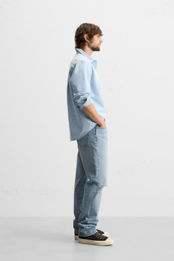 ZARA ДЖИНСЫ STRAIGHT FIT С ПРИНТОМ В ВИДЕ БРЫЗГ КРАСКИ, ВЫЦВЕТШИЙ СИНИЙ