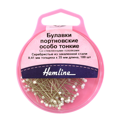 Hemline - Булавки портновские особо тонкие со стеклянными головками, серебристые из закаленной стали 41мм х 35мм, 100 шт, белые