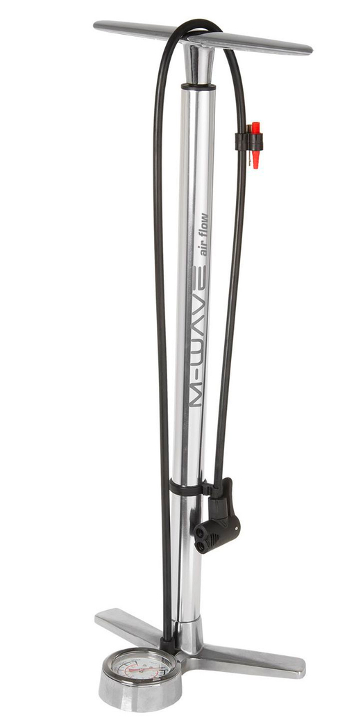 Насос напольный удлиненный алюминий с манометром 10Бар/145PSI унив. головка (для AV, DV, FV). на шланге+иголка серебро M-WAVE