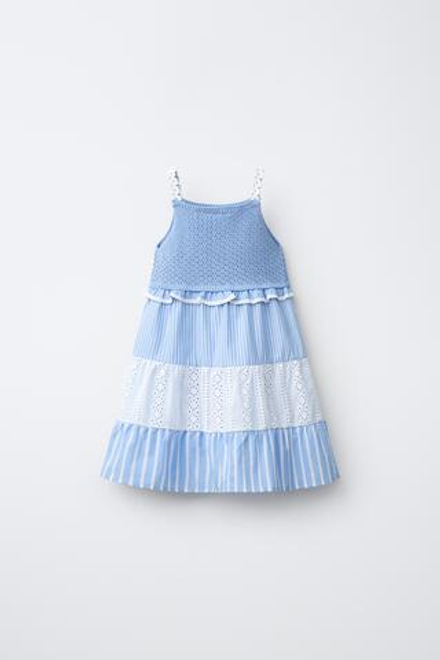 ZARA ТРИКОТАЖНОЕ ПЛАТЬЕ В ПОЛОСКУ С АЖУРНОЙ ВЫШИВКОЙ, СИНИЙ/БЕЛЫЙ