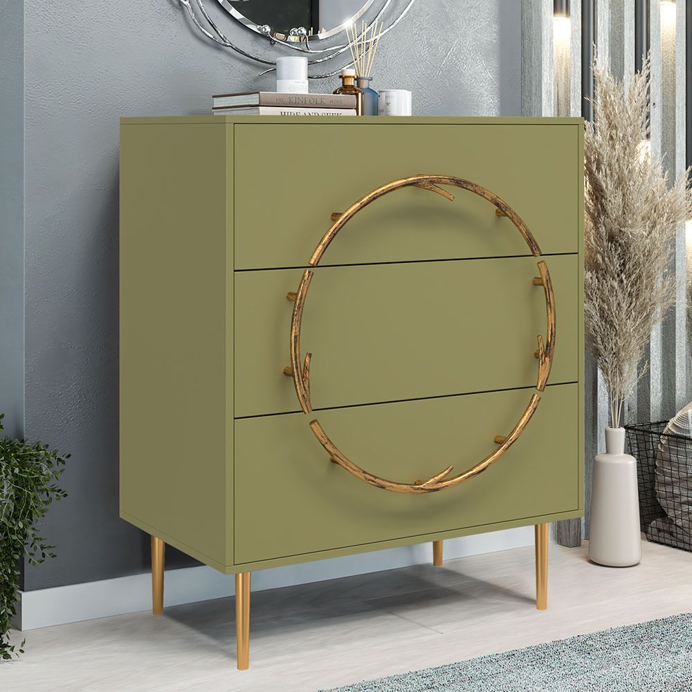 Комод Арт Колор matte Стайл Голд с 3 ящиками Зеленая олива матовая