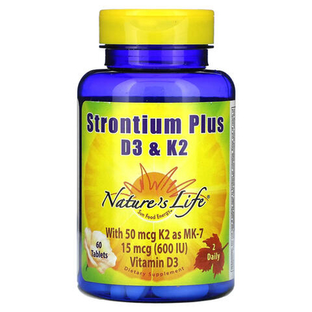 Nature's Life, Strontium Plus, витамины D3 и K2, 60 таблеток