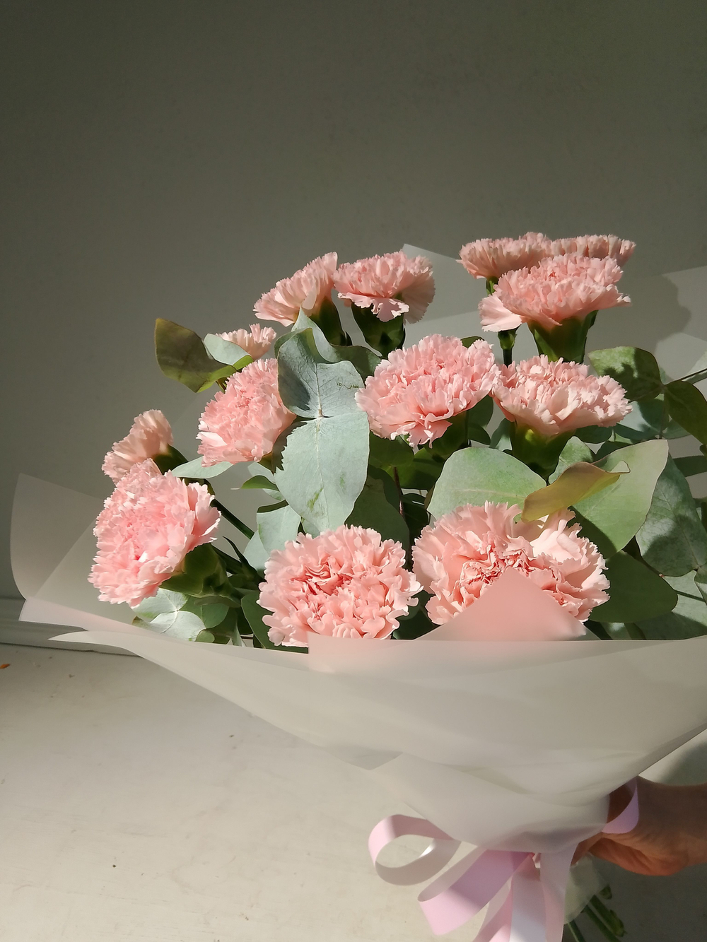 Гвоздика бывает стильной в букете с эвкалиптом (М0020)