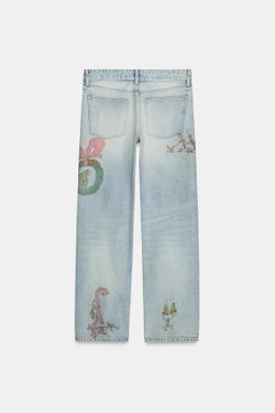 ZARA ДЖИНСЫ TRF С НИЗКОЙ ПОСАДКОЙ И ПРИНТОМ GRINCH™, СИНИЙ