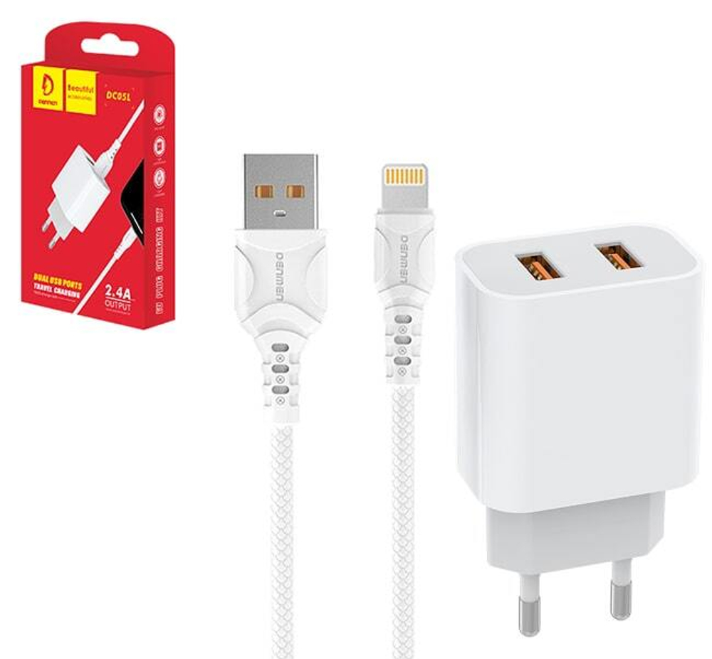 Сетевой адаптер питания DENMEN DC05L 2USB + кабель Lightning (белый)