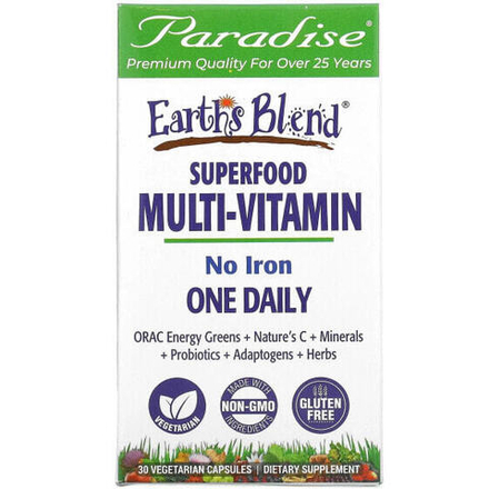 Витаминно-минеральные комплексы Paradise Herbs, Earth's Blend, ежедневные мультивитамины из суперпродуктов, без железа, 30 вегетарианских капсул