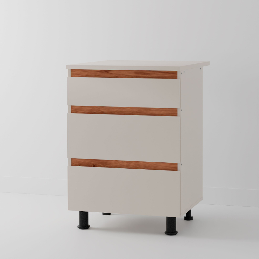 Кухонный модуль напольный 60 см Виго с 3-мя ящиками без столешницы, с дубовыми панелями, на ножках / персидский жемчуг, массив дуба