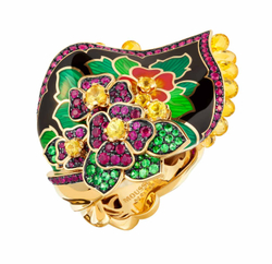 Кольцо с Рубинами, Цаворитами и Оранжевыми сапфирами, Эмаль, R0097-2/12