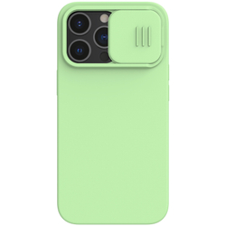 Чехол мятного цвета (Mint Green) с мягким шелковистым покрытием от Nillkin для iPhone 13 Pro, серия CamShield Silky Silicone Case с защитной шторкой для камеры