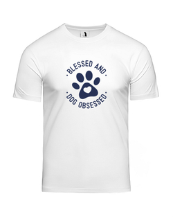 Футболка Blessed and dog obsessed unisex белая с синим рисунком